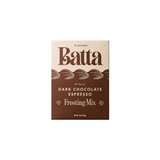 The Tiny Finch Batta dark chocolate espresso frosting mix box on a brown background.