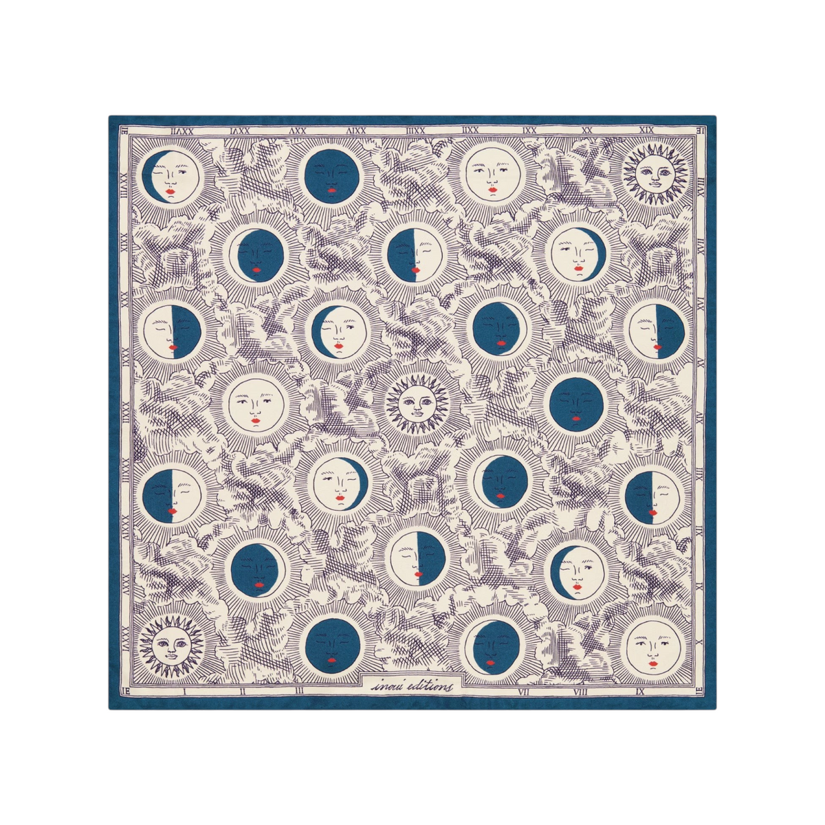 The Tiny Finch square silk scarf featuring a blue and white celestial moon phase print with anthropomorphic faces.