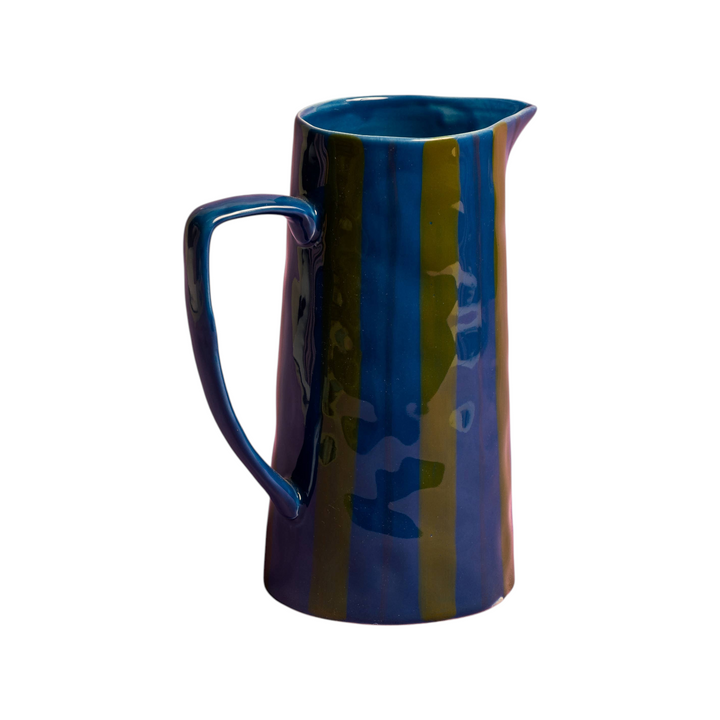 The Tiny Finch Maegen ceramic jug with cobalt blue and grass green vertical stripes and a hand-painted red detail.
