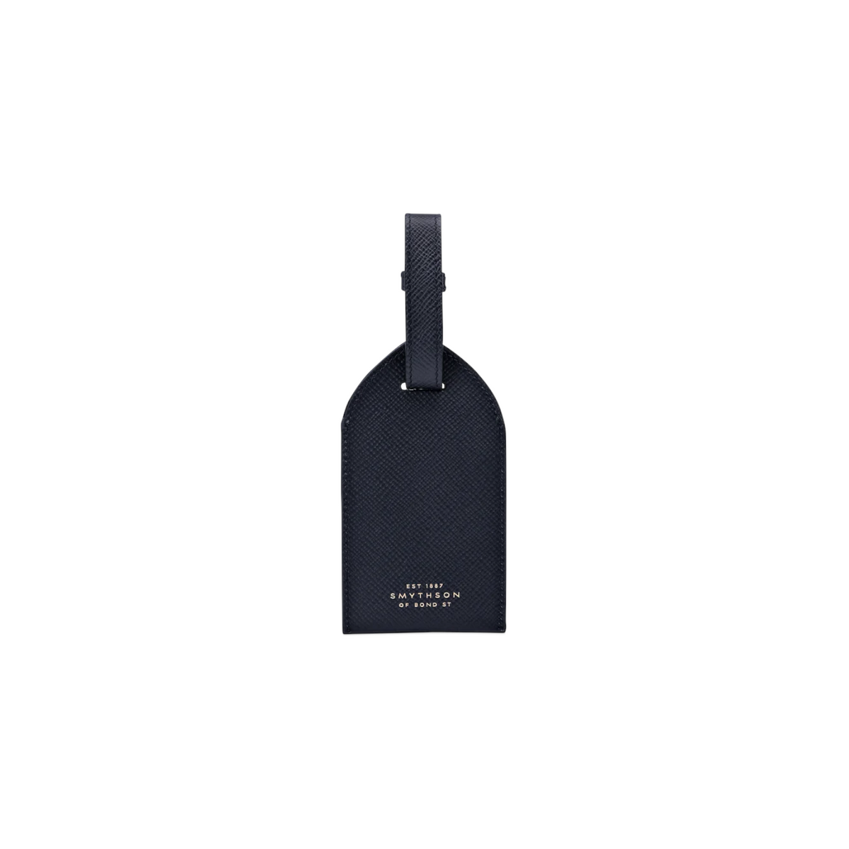 The Tiny Finch Smythson navy crossgrain leather luggage tag with adjustable strap and gold logo detail