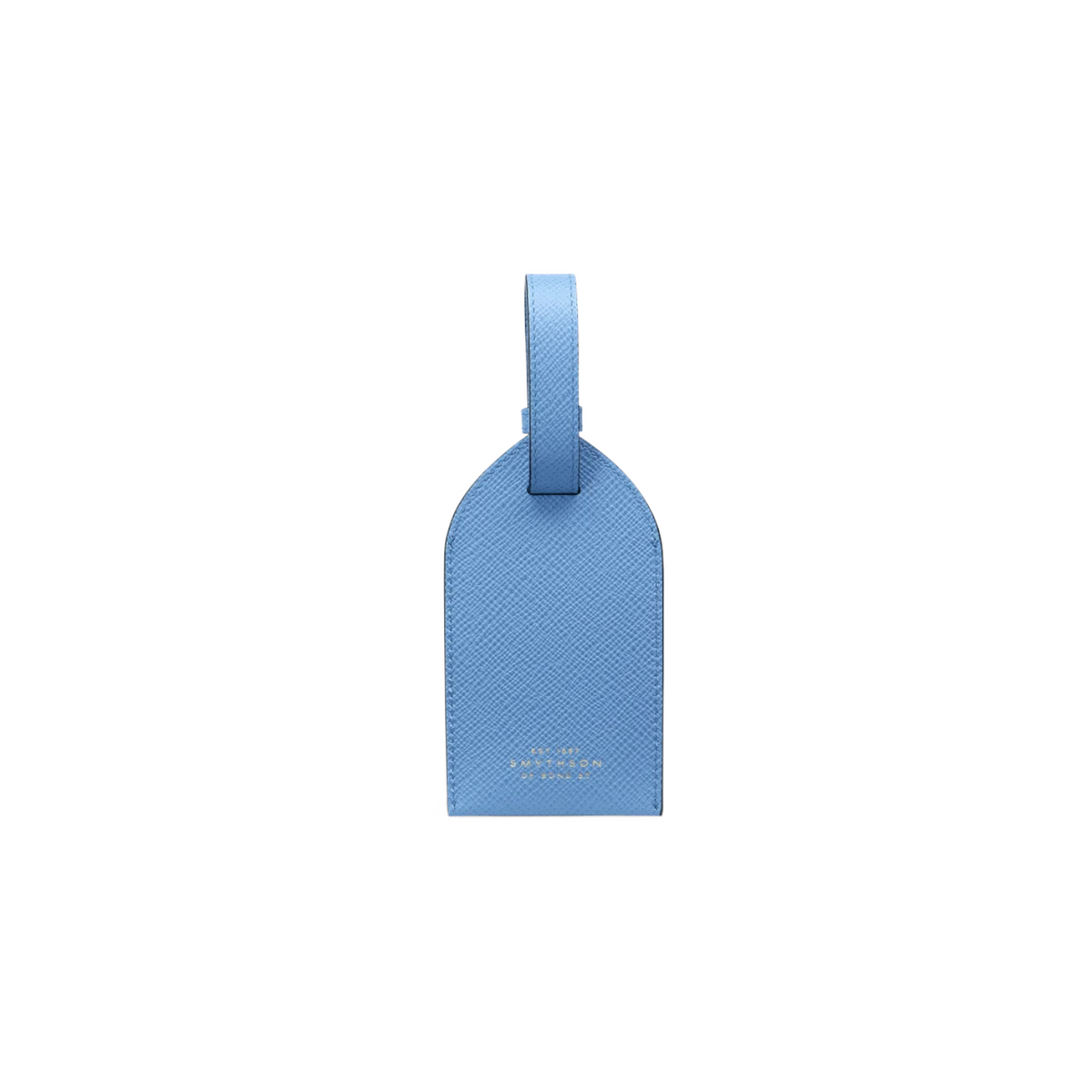 The Tiny Finch blue crossgrain leather luggage tag with adjustable strap and gold Smythson logo branding.