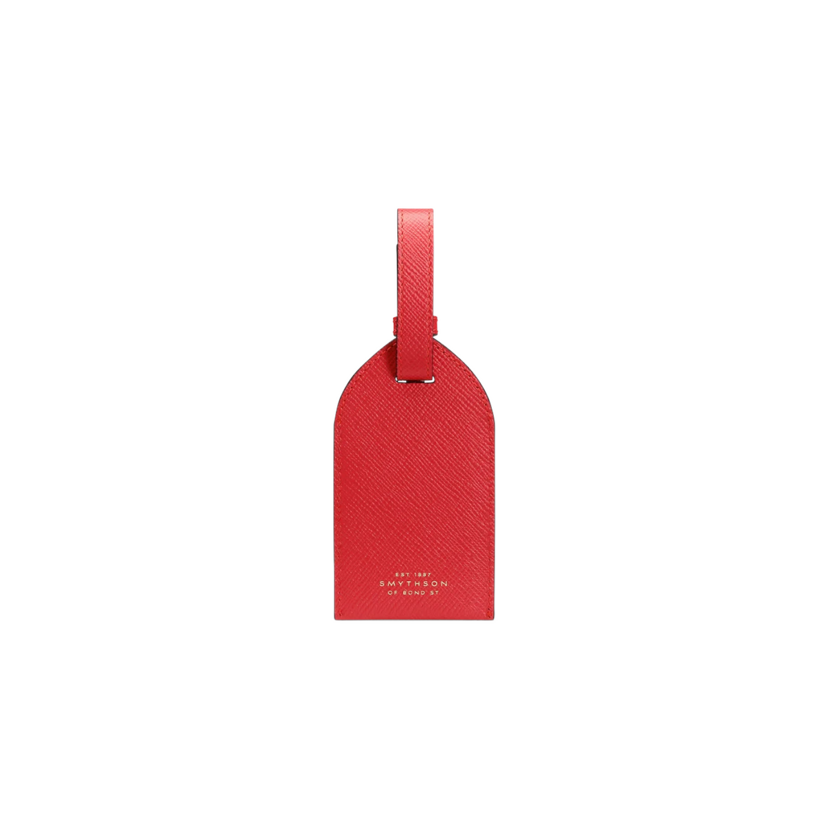 The Tiny Finch red crossgrain leather luggage tag with adjustable strap and gold Smythson logo branding.