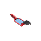 The Tiny Finch red crossgrain leather luggage tag with adjustable strap and address window on a white background.