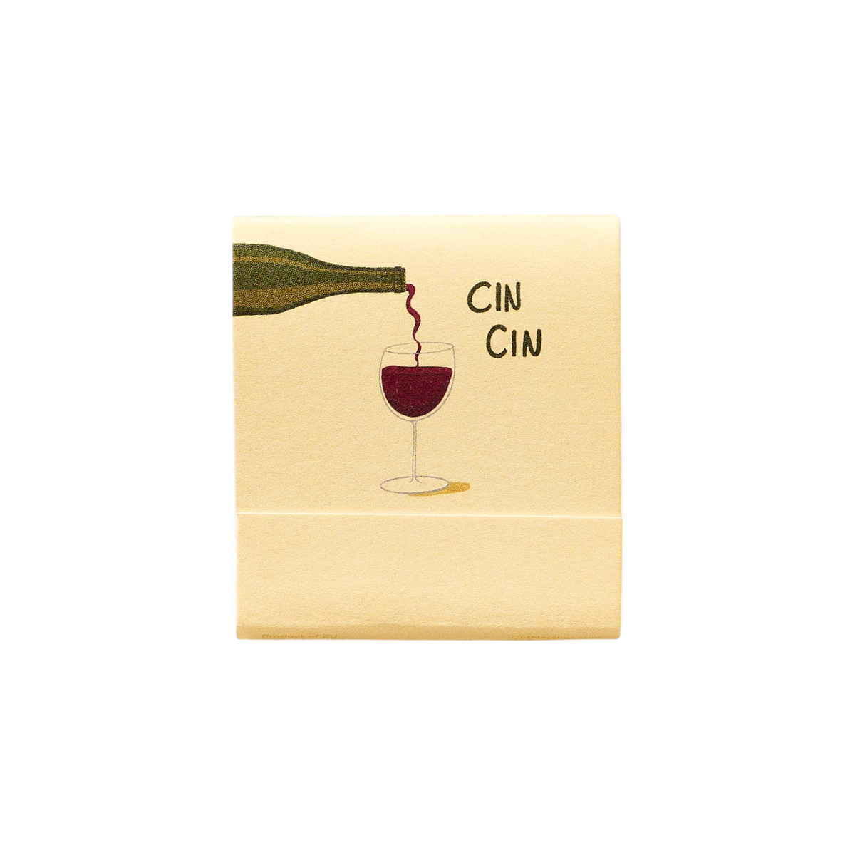 The Tiny Finch wine printed matchbook featuring a bottle pouring red wine into a glass with Cin Cin text on cream