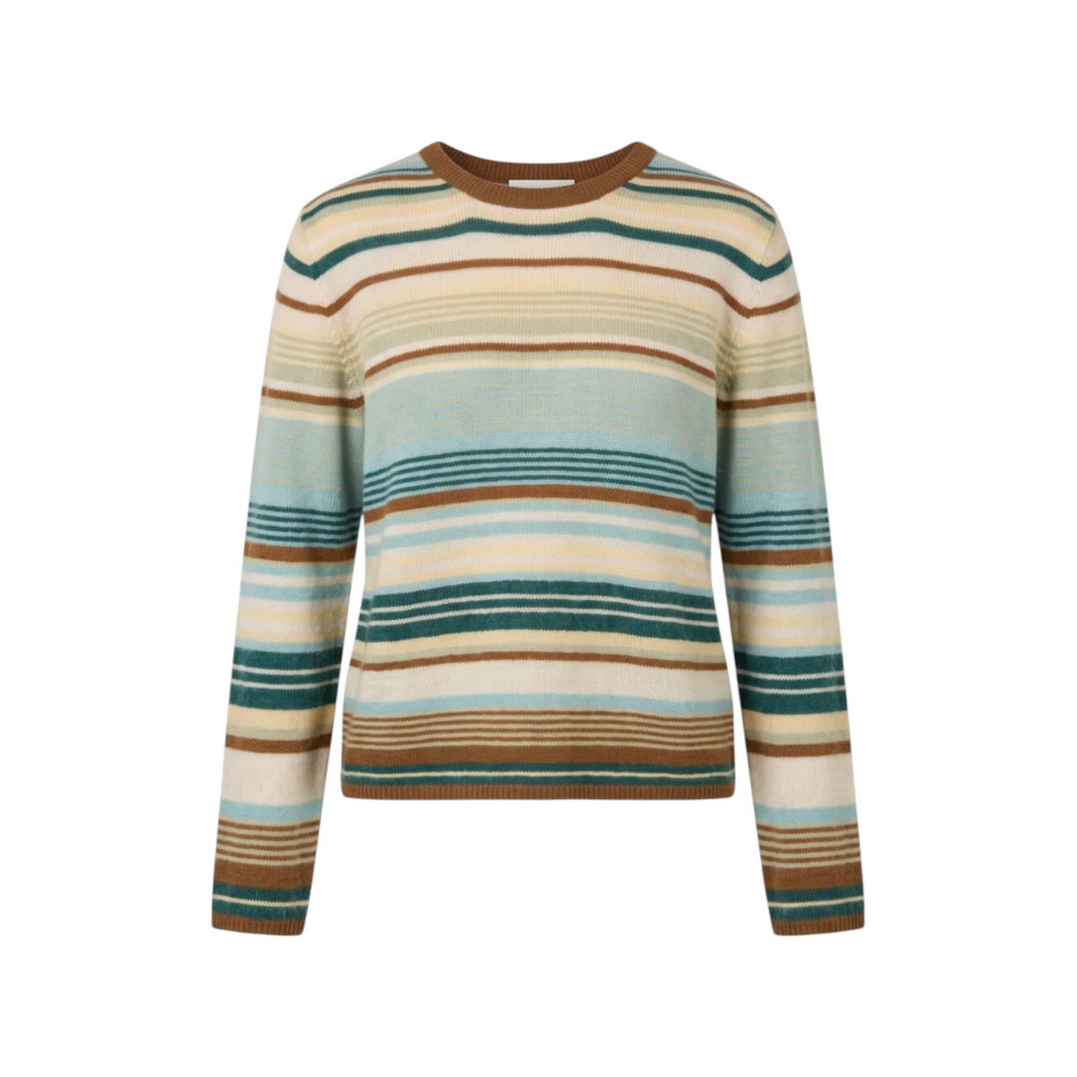 The Tiny Finch Love Binetti Linea cashmere sweater with a multi-coloured horizontal stripe pattern and crew neck.