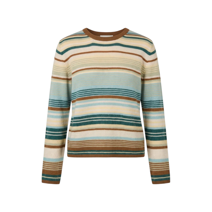 The Tiny Finch Love Binetti Linea cashmere sweater with a multi-coloured horizontal stripe pattern and crew neck.