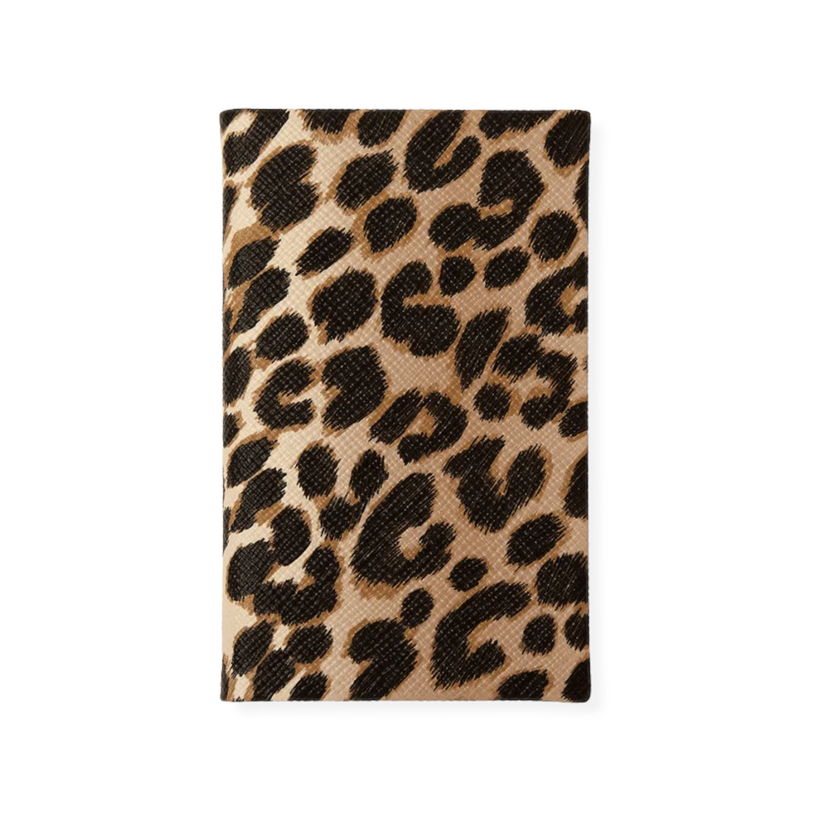 The Tiny Finch Panama pocket notebook in leopard print crossgrain leather with a slim, portable design.
