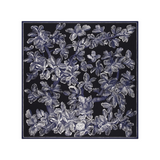 The Tiny Finch Square Arboris Blue wool scarf featuring a detailed white tree engraving on a dark blue background.