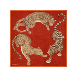 The Tiny Finch Square Jorgen red wool scarf featuring illustrated leopards and a tiger in a circular composition.