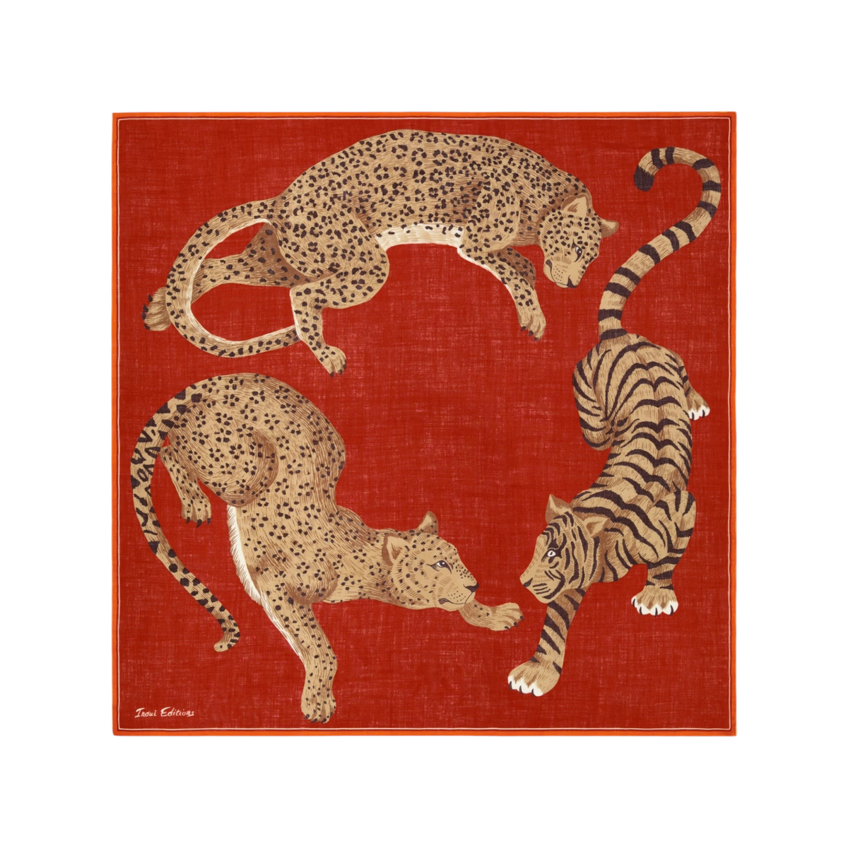 The Tiny Finch Square Jorgen red wool scarf featuring illustrated leopards and a tiger in a circular composition.