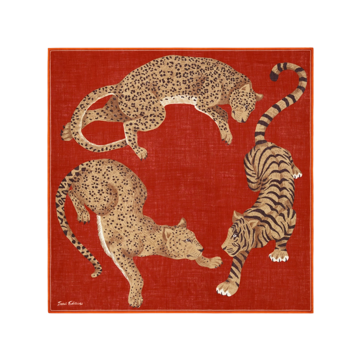 The Tiny Finch Square Jorgen red wool scarf featuring illustrated leopards and a tiger in a circular composition.