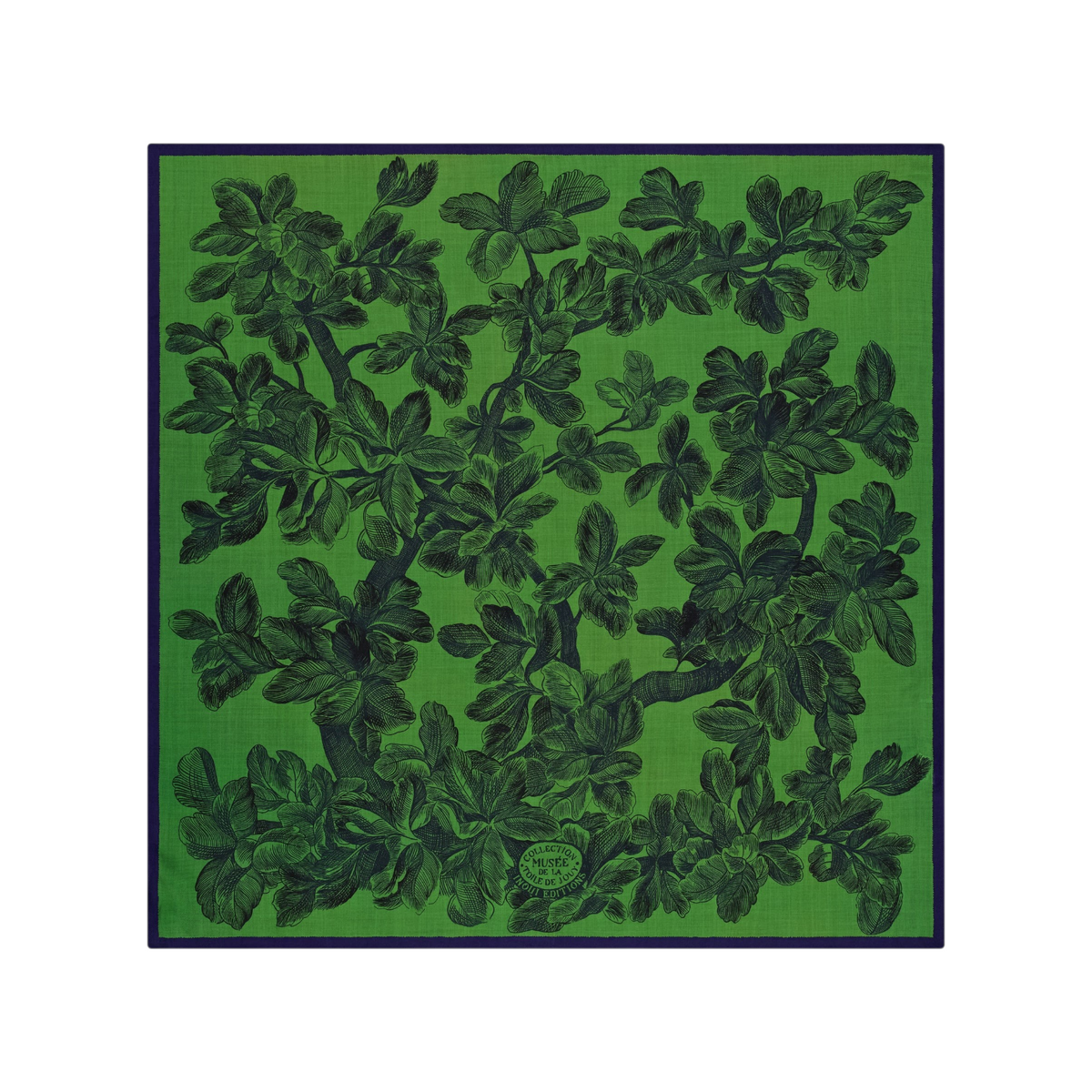The Tiny Finch Arboris square wool scarf in green featuring a detailed black tree engraving inspired by Toile de Jouy.