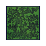 The Tiny Finch Arboris square wool scarf in green featuring a detailed black tree engraving inspired by Toile de Jouy.