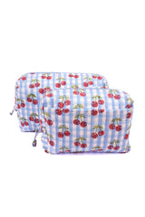 Cherry Block Print Makeup Bag in Blue Gingham: Large