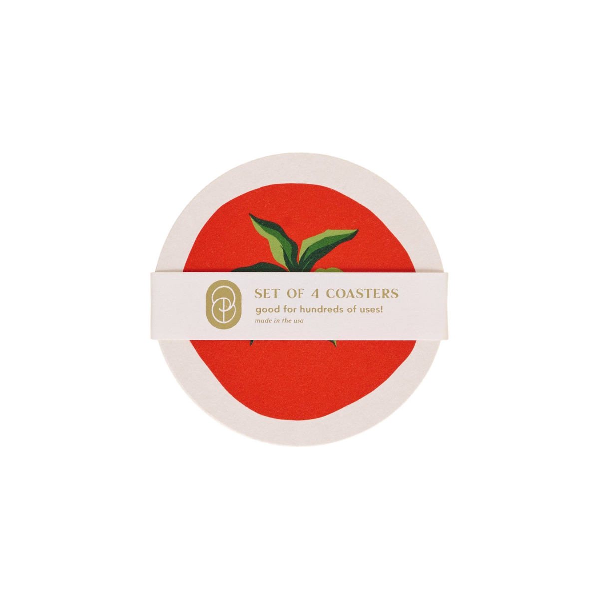 The Tiny Finch set of four round chipboard coasters featuring a red tomato design with a foil-pressed belly band.