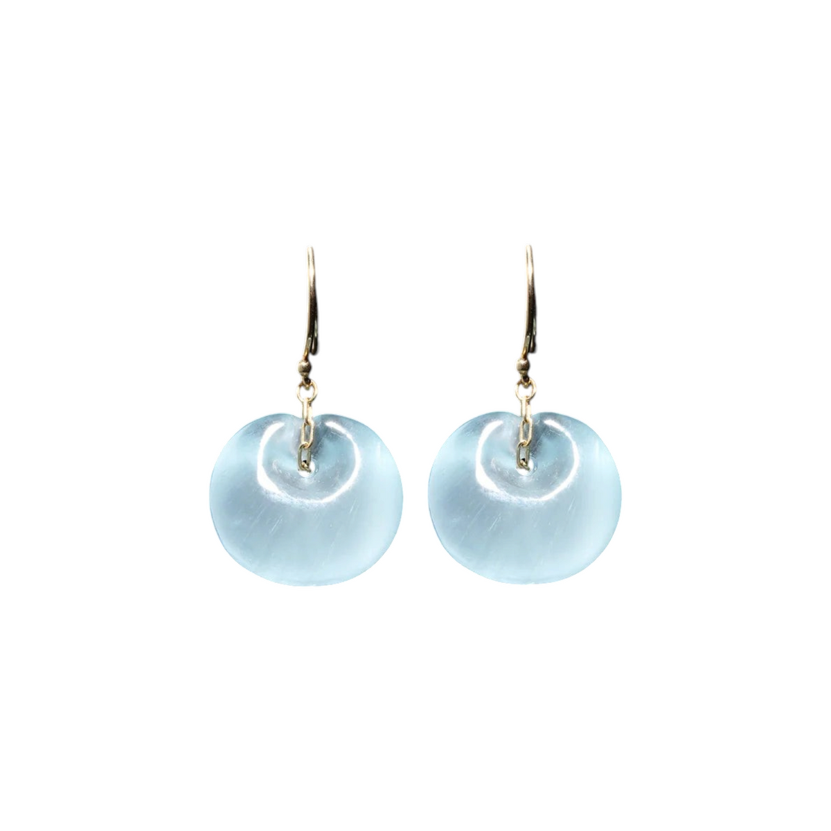 The Tiny Finch aqua hand-cut stone tapiz bead earrings on 18k gold ear wires, handmade in NYC.