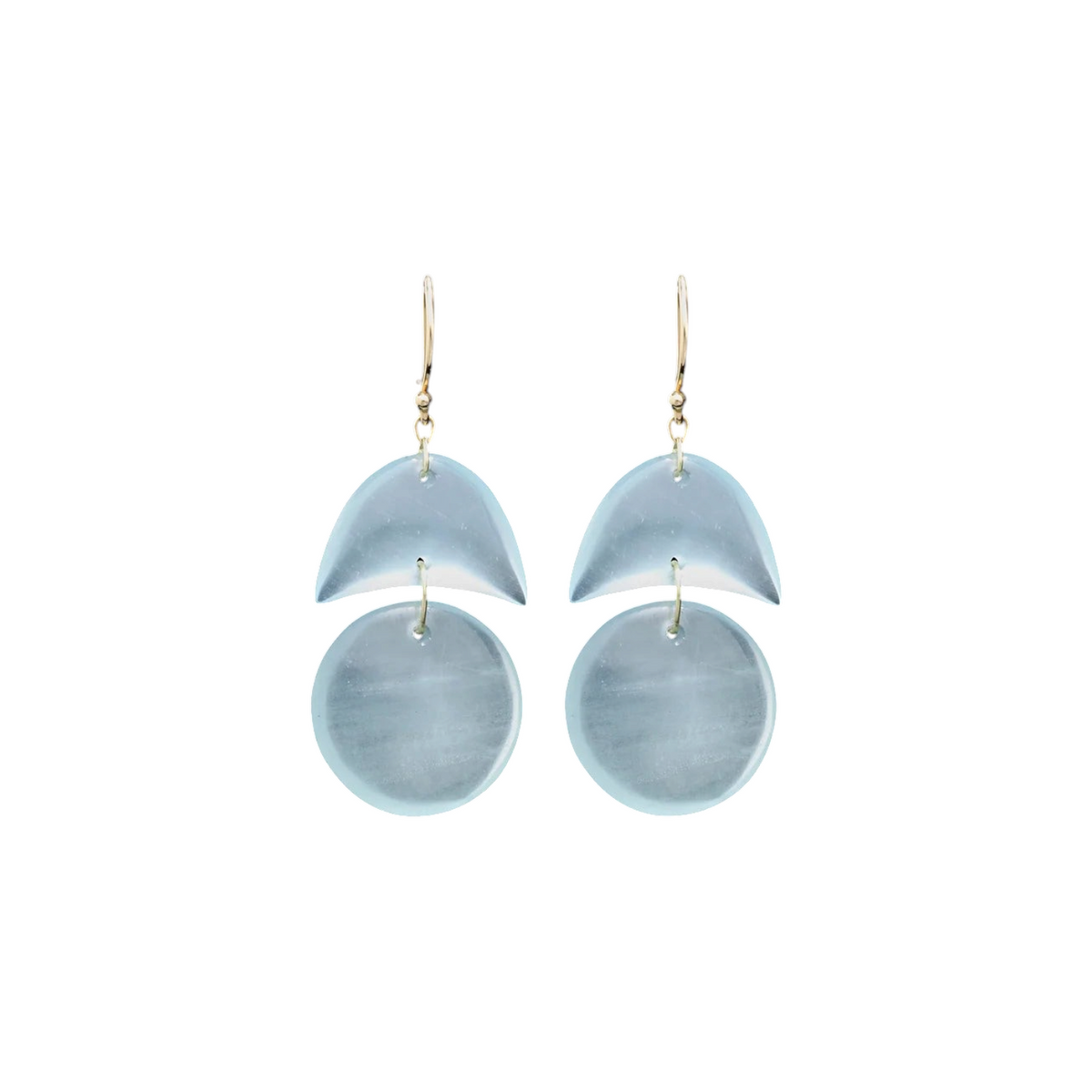 The Tiny Finch handmade aquamarine stone earrings with 18k gold ear wires featuring crescent and circular shapes