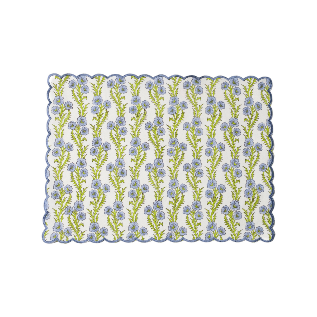The Tiny Finch cotton placemat featuring blue floral blockprint patterns and scalloped embroidered edges.