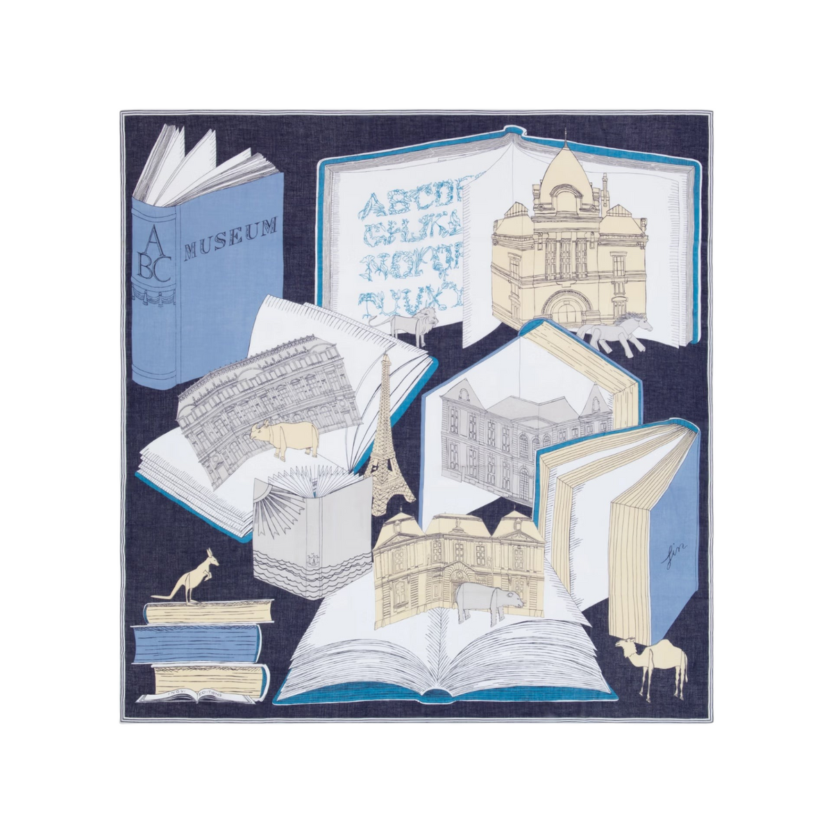 The Tiny Finch navy cotton scarf featuring a whimsical museum and book-themed illustration with architectural motifs.