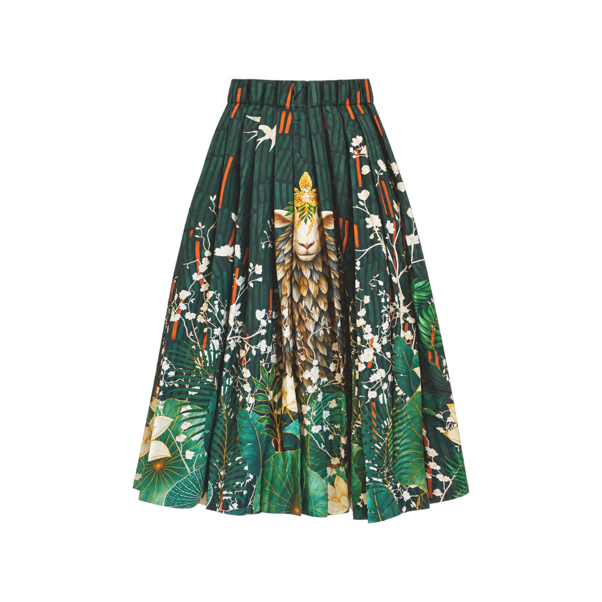 The Tiny Finch Flora Skirt featuring a dark green pleated design with a whimsical animal and botanical print.