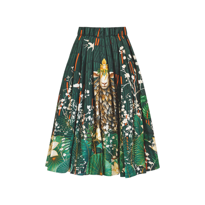 The Tiny Finch Flora Skirt featuring a dark green pleated design with a whimsical animal and botanical print.