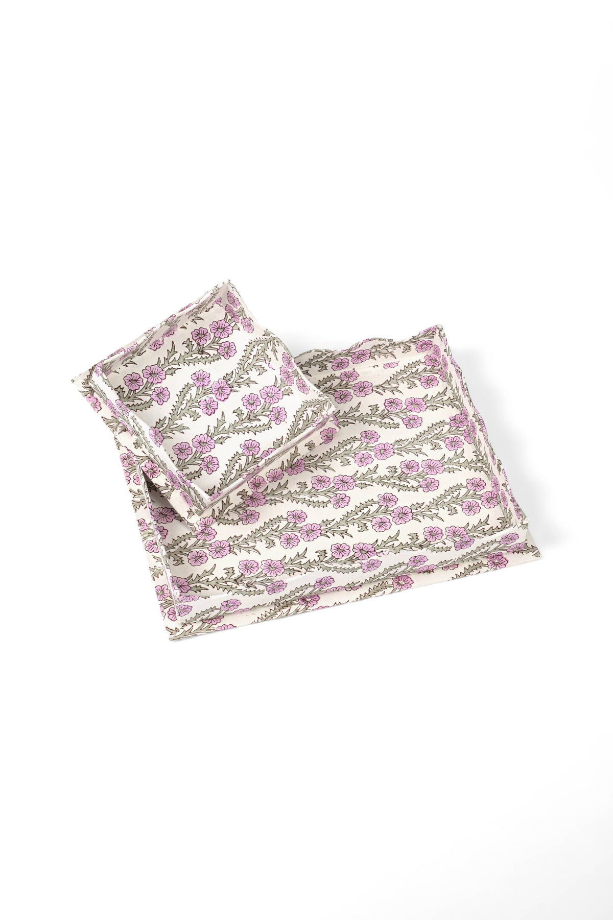 Nesting Scalloped Blockprint Trays in Purple Forget-Me-Not: Set of 2 Nesting Trays