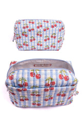 Cherry Block Print Makeup Bag in Blue Gingham: Large