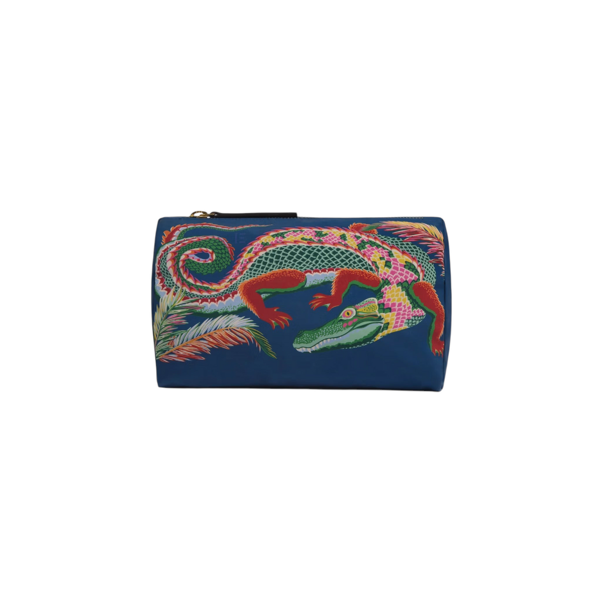 The Tiny Finch Inoui Editions small blue pouch featuring a vibrant multi-colored crocodile print in recycled nylon.