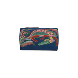 The Tiny Finch Inoui Editions small blue pouch featuring a vibrant multi-colored crocodile print in recycled nylon.
