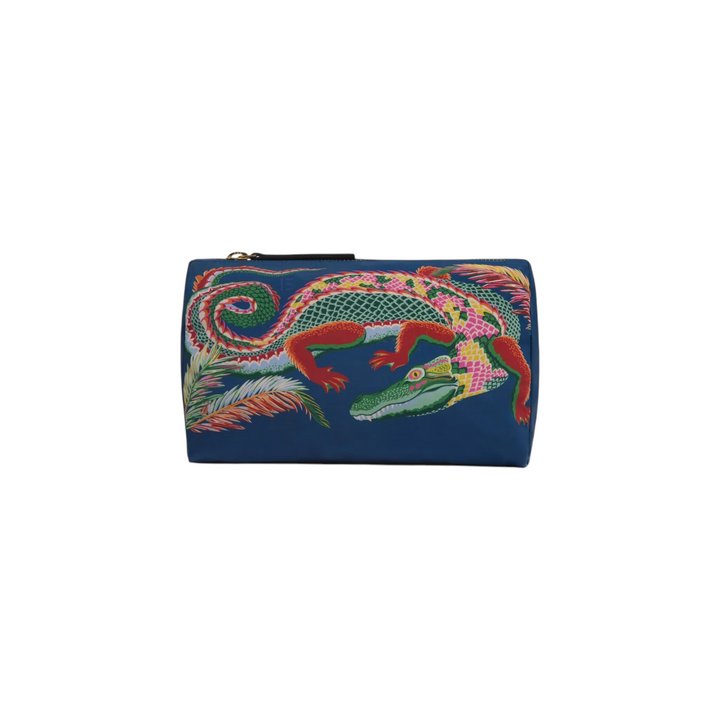 The Tiny Finch Inoui Editions small blue pouch featuring a vibrant multi-colored crocodile print in recycled nylon.
