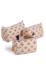 Mona Block Print Makeup Bag in Pink: Set of 3