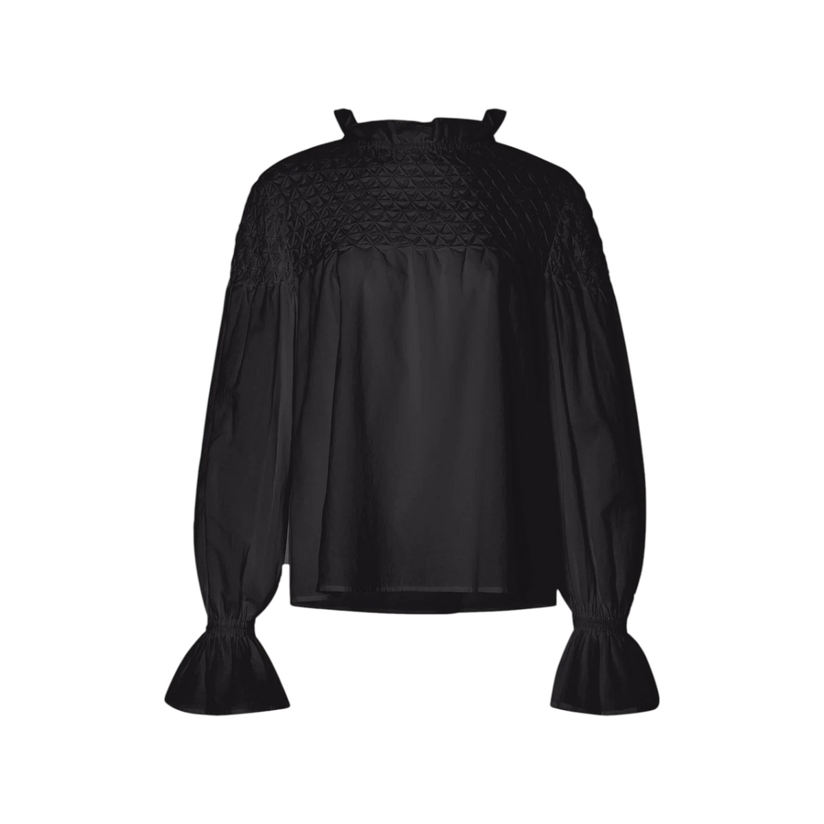The Tiny Finch Merlette Majorelle black Pima cotton blouse with hand-smocked yoke and ruffled collar and cuffs.
