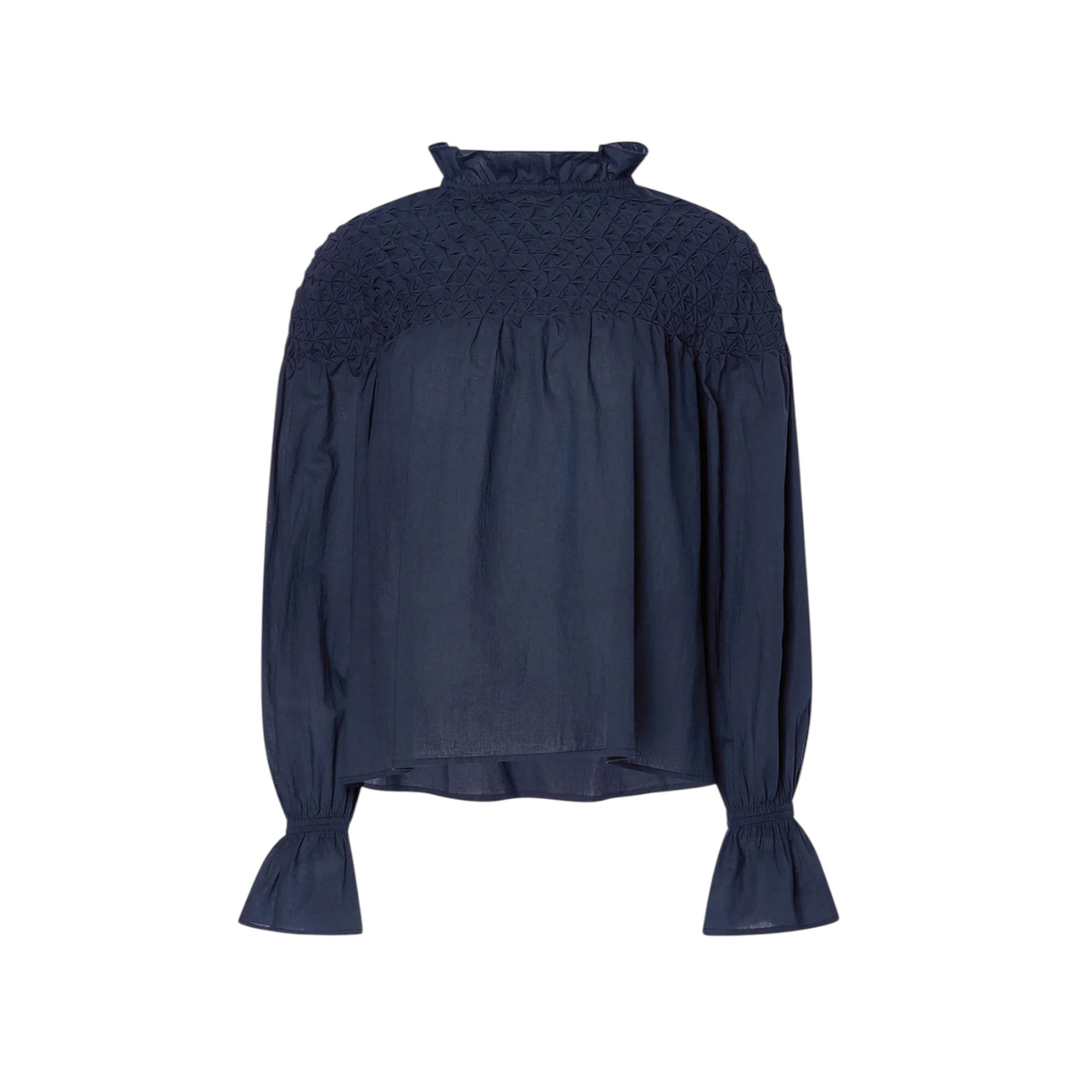 The Tiny Finch Majorelle navy blouse in Pima cotton with a hand-smocked yoke, ruffled collar, and long puff sleeves.