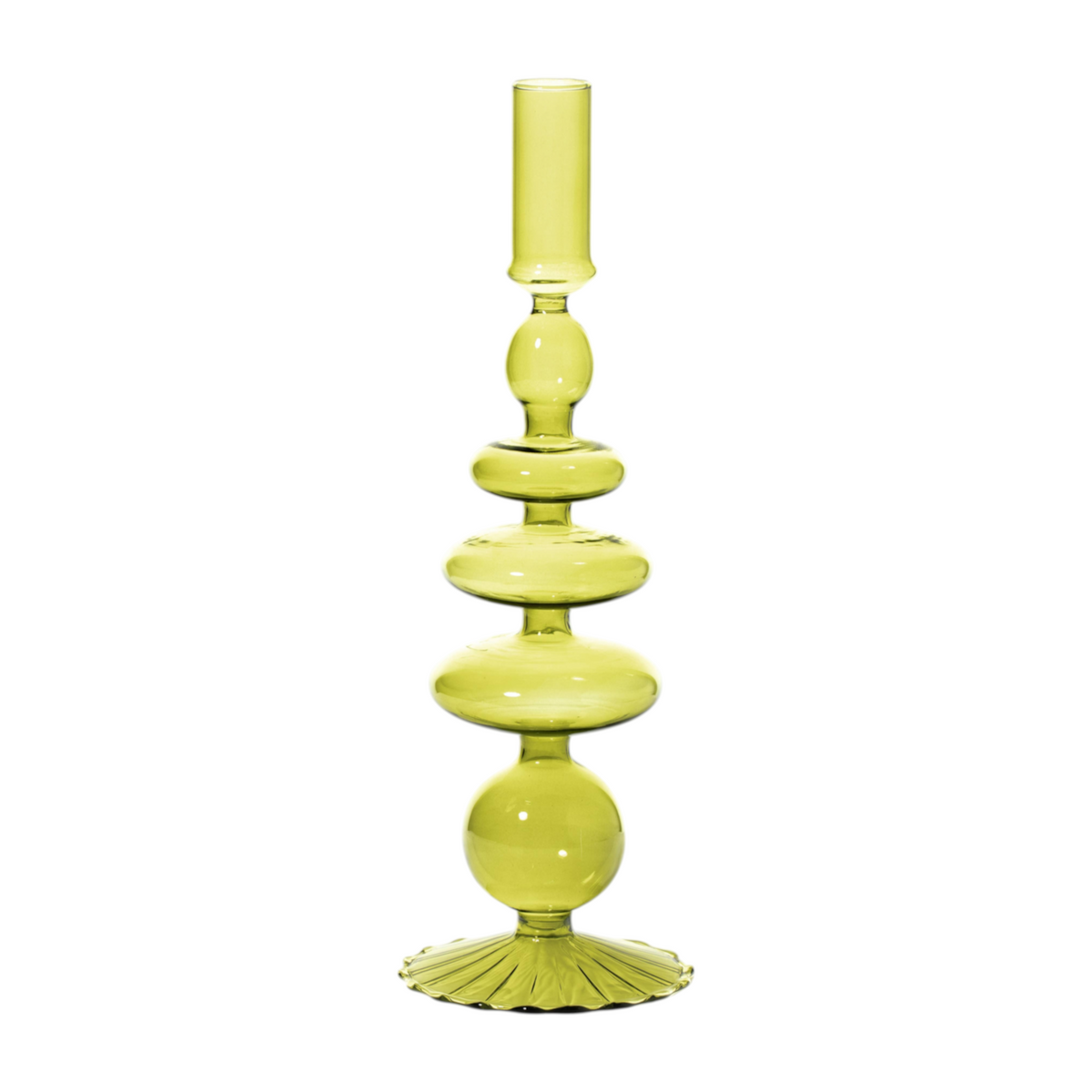 The Tiny Finch Maegen green glass taper candle holder with a decorative stacked orb design on a fluted base.
