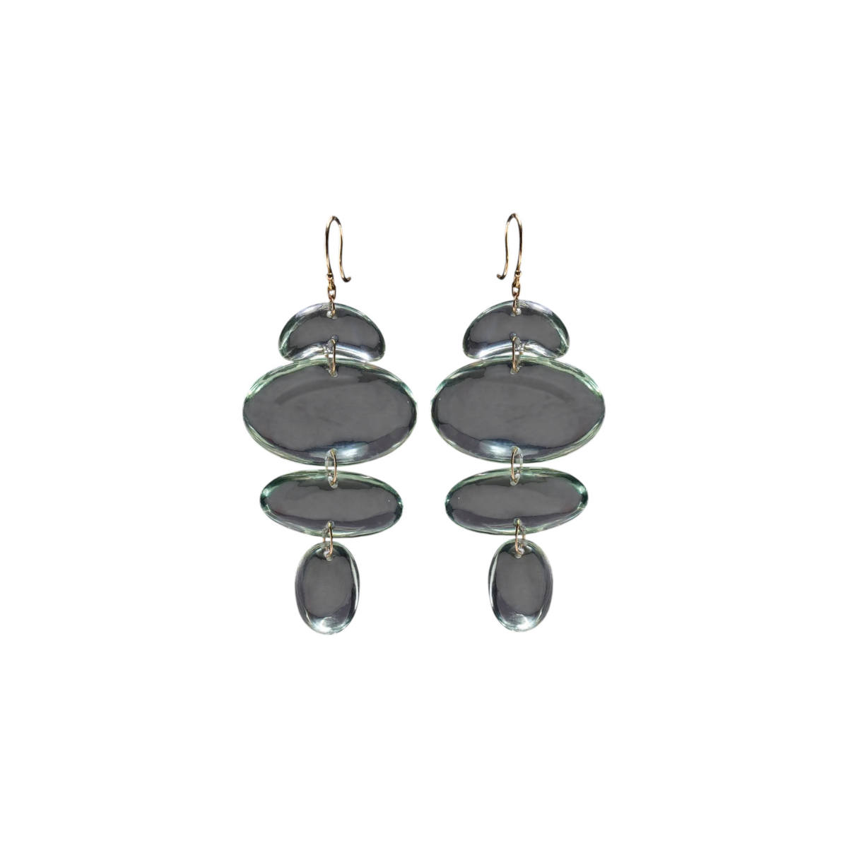 The Tiny Finch handmade oval green amethyst totem earrings featuring hand-cut stones on 18K gold ear wires.