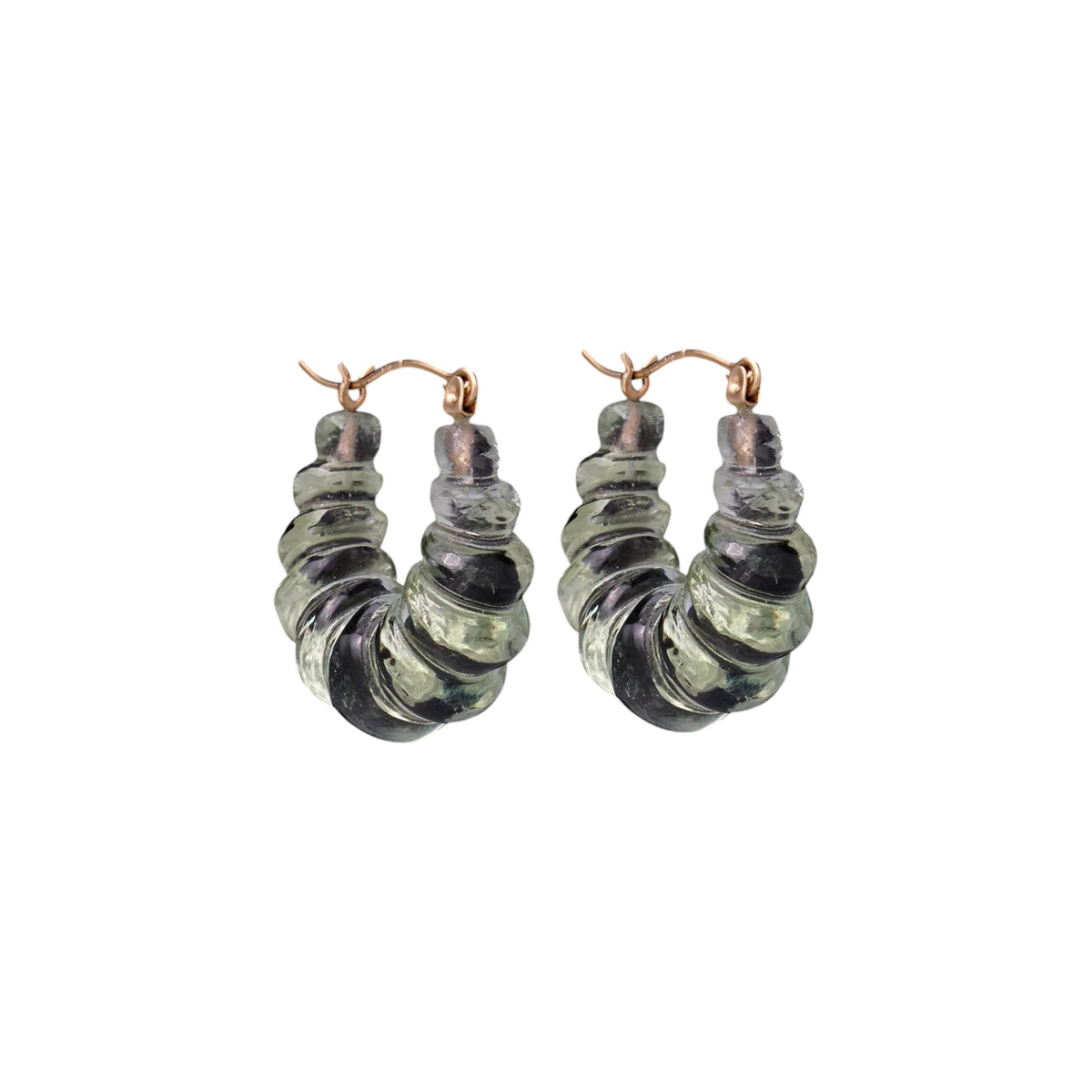 The Tiny Finch handmade green amethyst carved stone hoop earrings with 14K gold ear wires on a black background