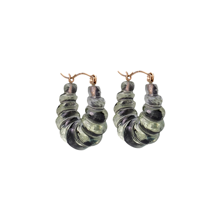 The Tiny Finch handmade green amethyst carved stone hoop earrings with 14K gold ear wires on a black background
