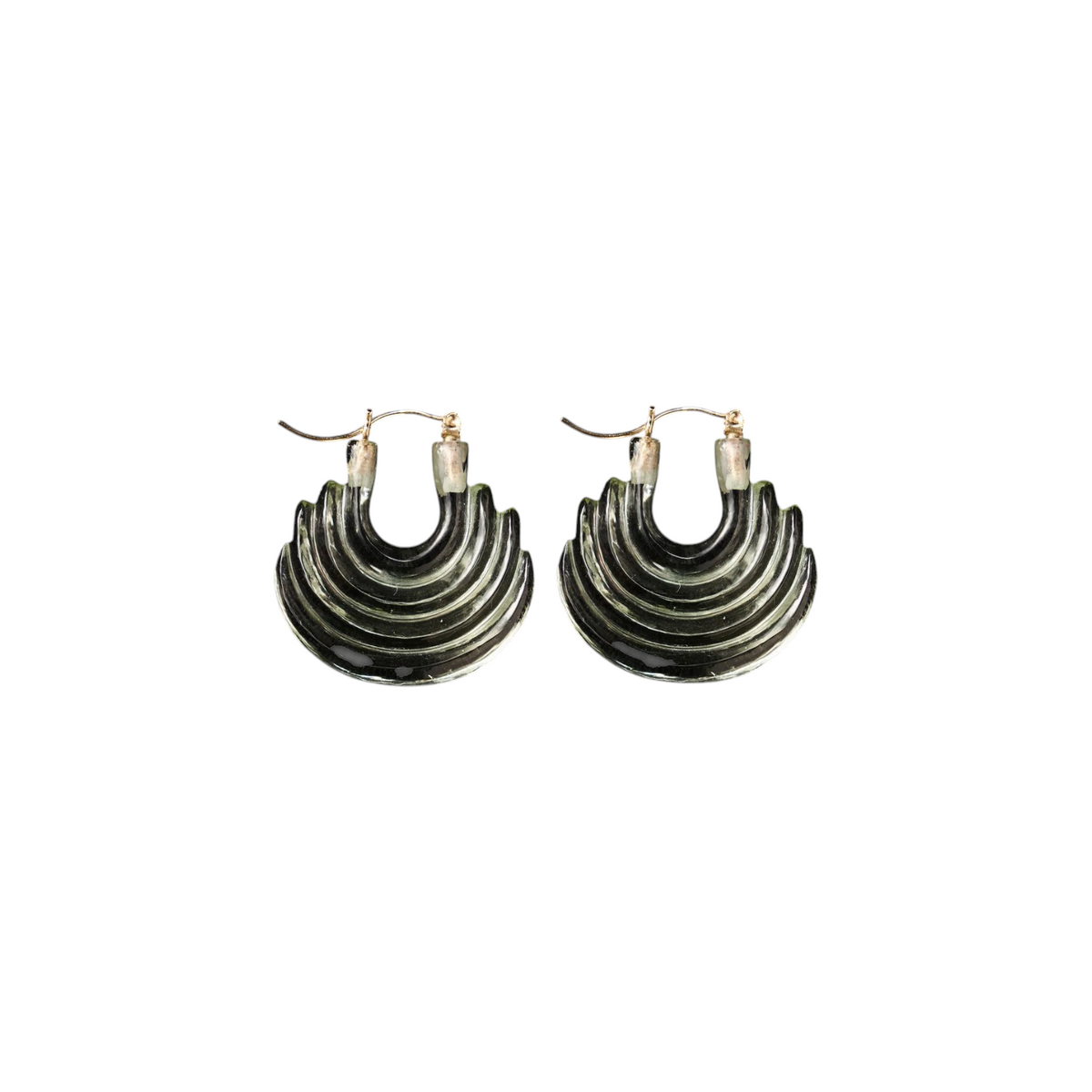 The Tiny Finch green amethyst hand-carved gong hoop earrings on 14k gold wires against a black background.