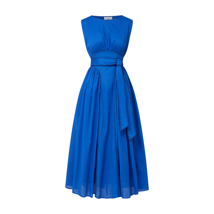 The Tiny Finch Merlette Verena sleeveless ankle-length dress in ultramarine blue cotton voile with waist tie detail.