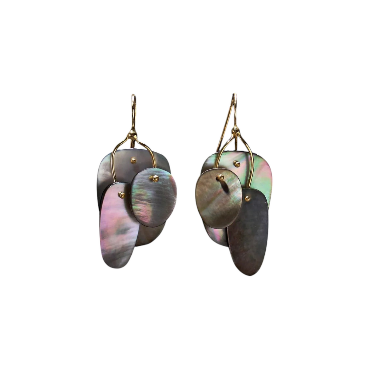 The Tiny Finch black mother of pearl mobile earrings featuring hand-cut stones on 18k gold ear wires.