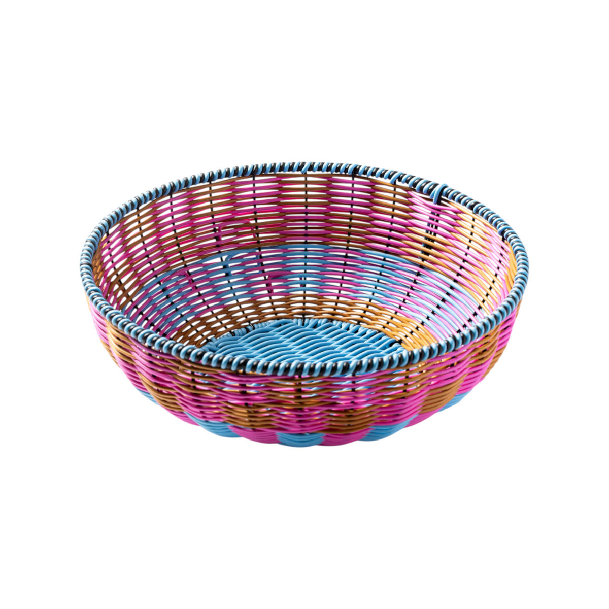 The Tiny Finch Maegen hand-woven bowl in hot pink, blue, and gold polypropylene in a textured faux rattan style.