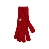 The Tiny Finch red cashmere knit gloves featuring a small grey heart detail on the back of the hand.