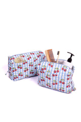 Cherry Block Print Makeup Bag in Blue Gingham: Large