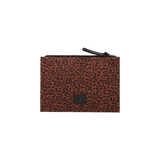 The Tiny Finch Felis small brown leopard print cotton pouch with a black leather zipper pull