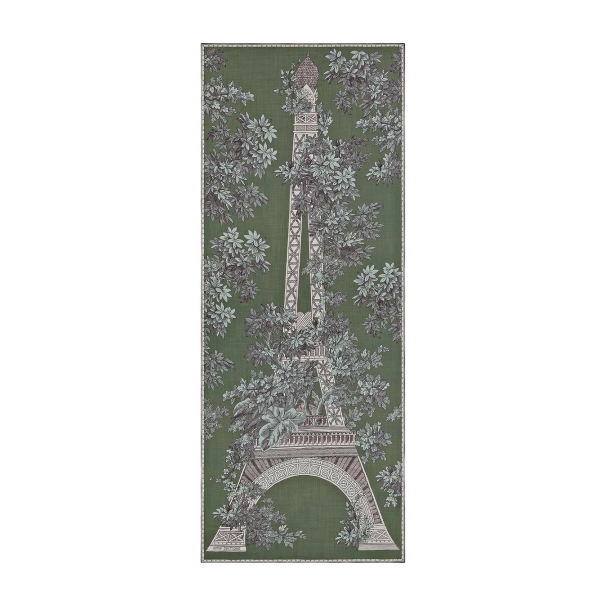 The Tiny Finch 1889 khaki wool scarf featuring an Eiffel Tower toile de Jouy print with lush botanical details.