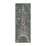 The Tiny Finch 1889 khaki wool scarf featuring an Eiffel Tower toile de Jouy print with lush botanical details.