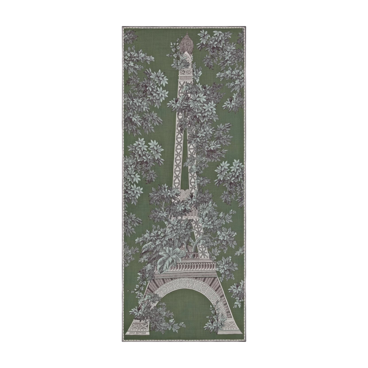 The Tiny Finch 1889 khaki wool scarf featuring an Eiffel Tower toile de Jouy print with lush botanical details.