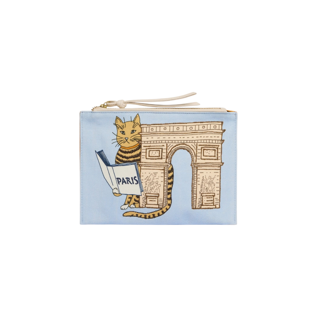 The Tiny Finch light blue cotton pouch featuring an embroidered cat reading a book in front of the Arc de Triomphe.