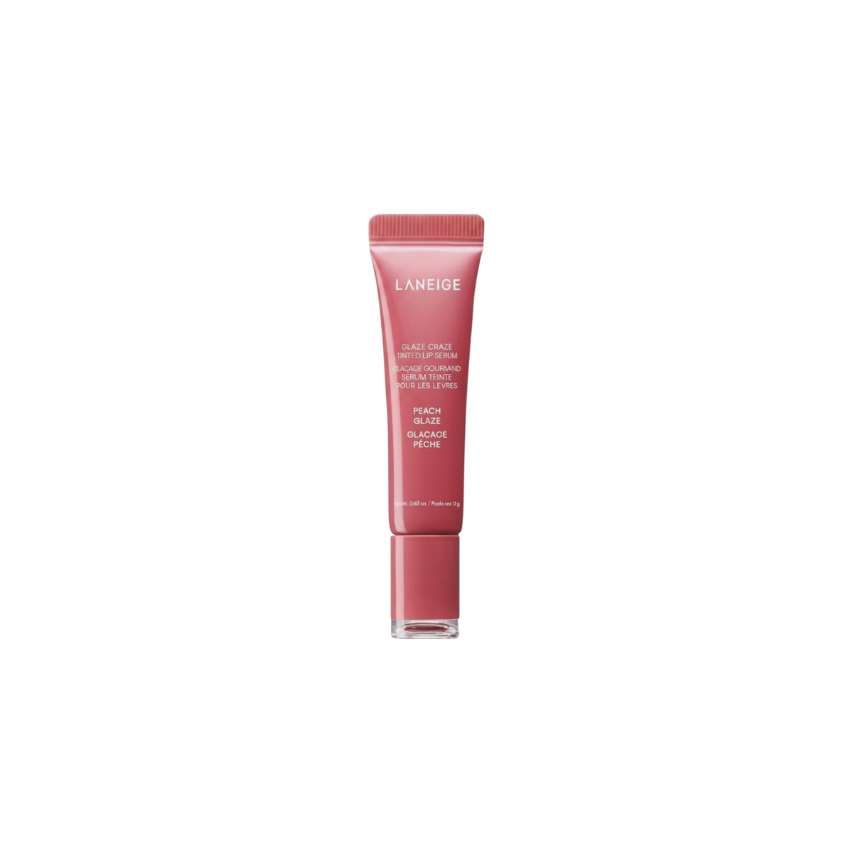 The Tiny Finch Laneige Glaze Craze Peach Glaze tinted lip serum in a soft peach tube for visibly plump, shiny lips.