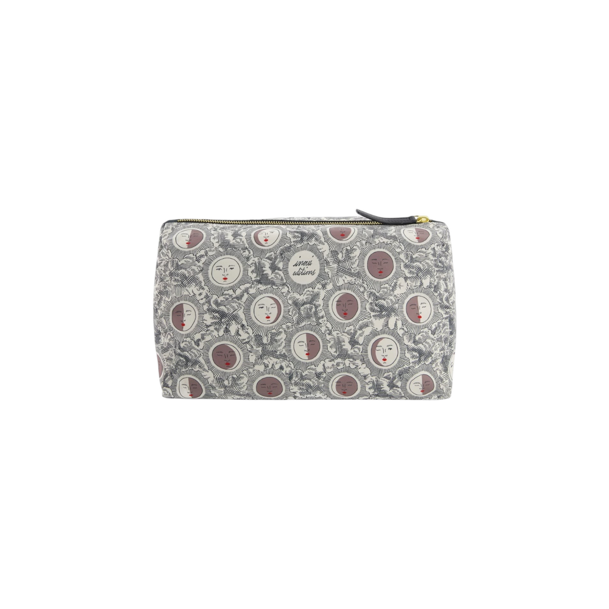 The Tiny Finch medium pouch in off-white polyester with a celestial moon phase print and bovine leather trim.